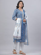Juniper Women's Royal Blue Cotton Printed Straight Kurta Pant Dupatta Set | Grocsy