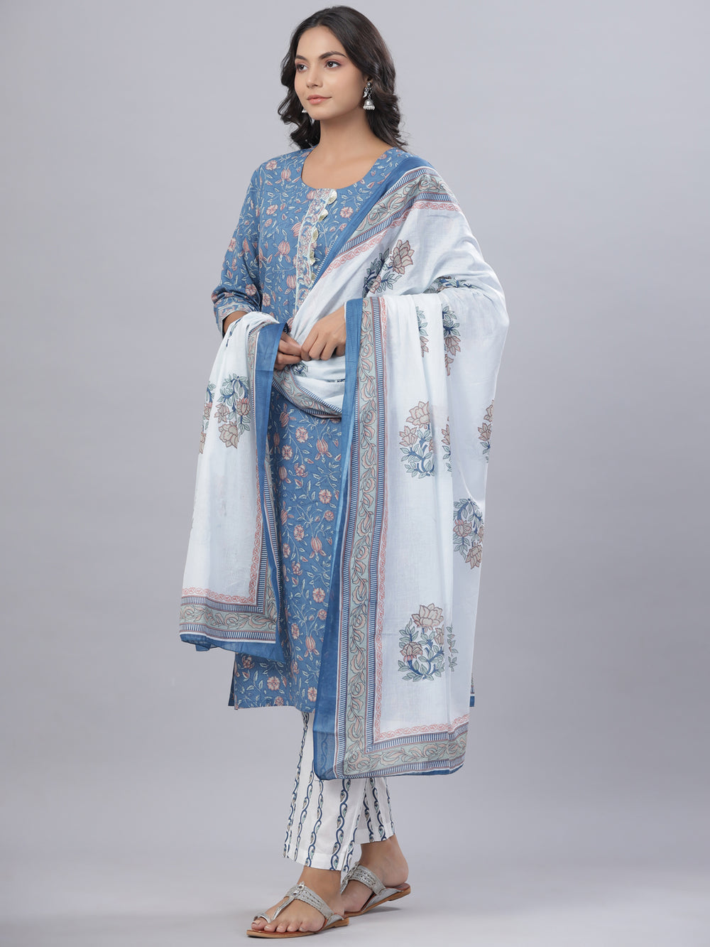 Juniper Women's Royal Blue Cotton Printed Straight Kurta Pant Dupatta Set | Grocsy