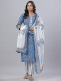 Juniper Women's Royal Blue Cotton Printed Straight Kurta Pant Dupatta Set | Grocsy