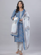Juniper Women's Royal Blue Cotton Printed Straight Kurta Pant Dupatta Set | Grocsy