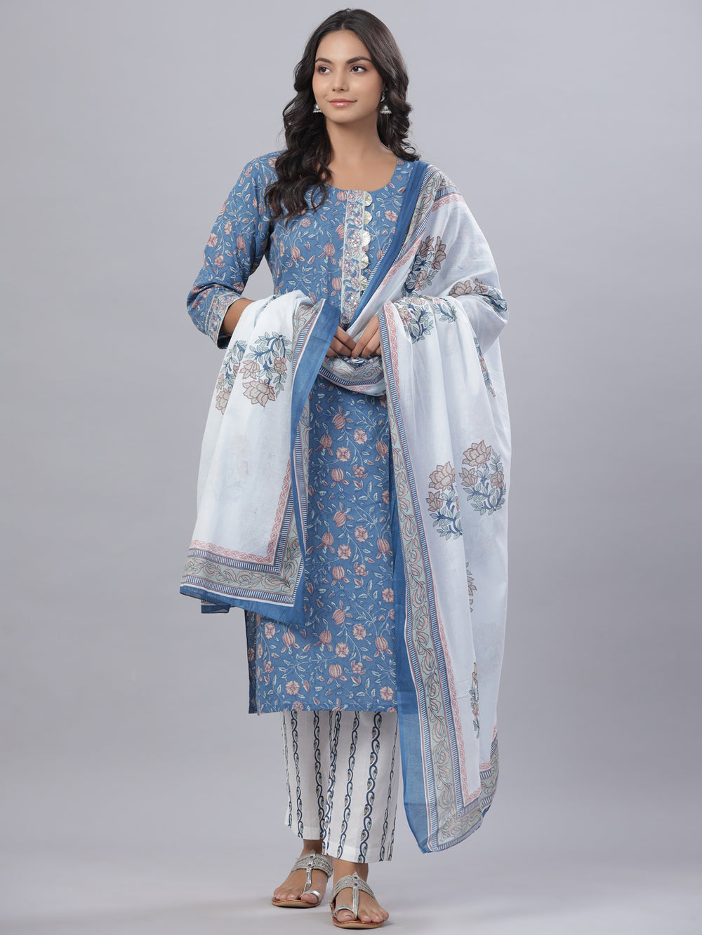 Juniper Women's Royal Blue Cotton Printed Straight Kurta Pant Dupatta Set | Grocsy