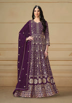 Monjolika Fashion Faux Georgette Embroidered Purple Anarkali Salwar Suit | Grocsy