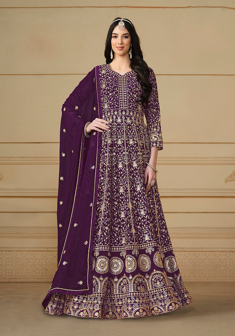 Monjolika Fashion Faux Georgette Embroidered Purple Anarkali Salwar Suit | Grocsy