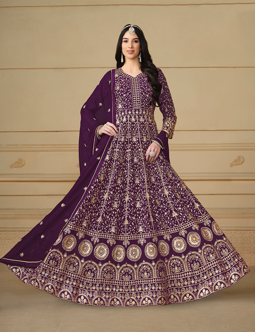 Monjolika Fashion Faux Georgette Embroidered Purple Anarkali Salwar Suit | Grocsy
