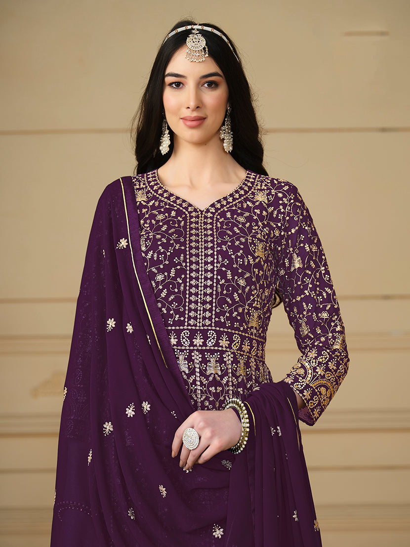 Monjolika Fashion Faux Georgette Embroidered Purple Anarkali Salwar Suit | Grocsy