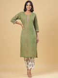 Juniper Women's Green Cotton Printed Straight Kurta Pant Dupatta Set | Grocsy