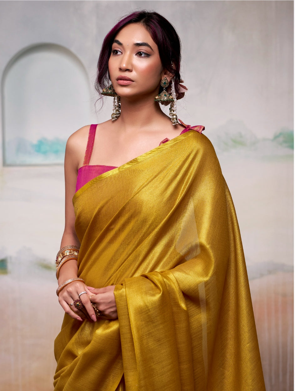 Anaita Yellow Handloom Tissue Silk Self Woven Plain Saree | Grocsy