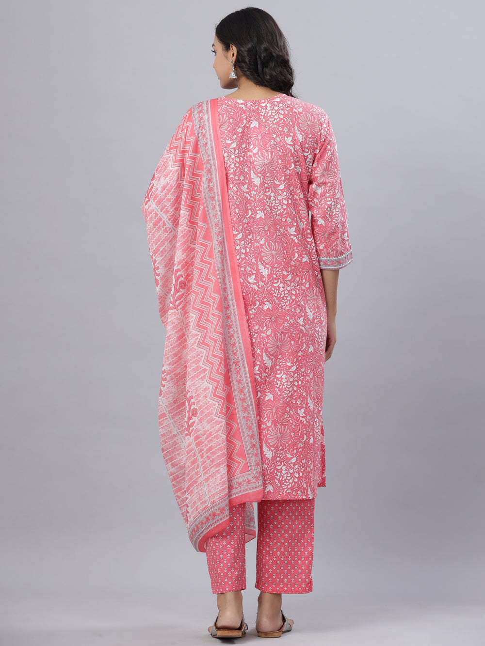 Juniper Women's Pink Cotton Printed Straight Kurta Pant Dupatta Set | Grocsy
