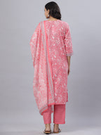 Juniper Women's Pink Cotton Printed Straight Kurta Pant Dupatta Set | Grocsy