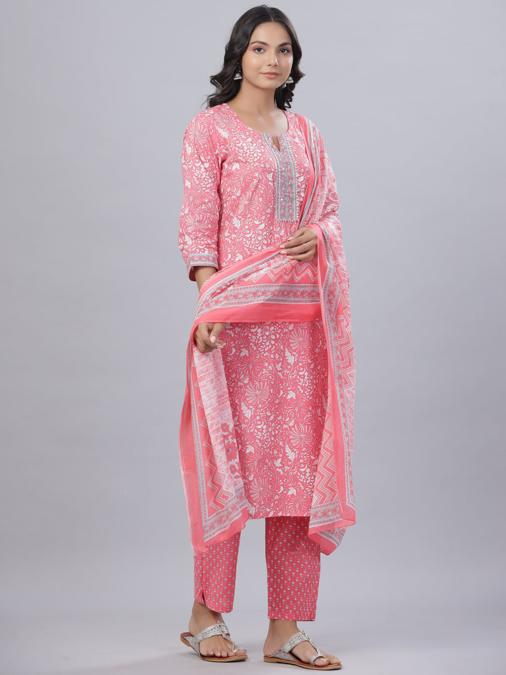 Juniper Women's Pink Cotton Printed Straight Kurta Pant Dupatta Set | Grocsy