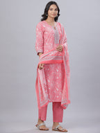 Juniper Women's Pink Cotton Printed Straight Kurta Pant Dupatta Set | Grocsy