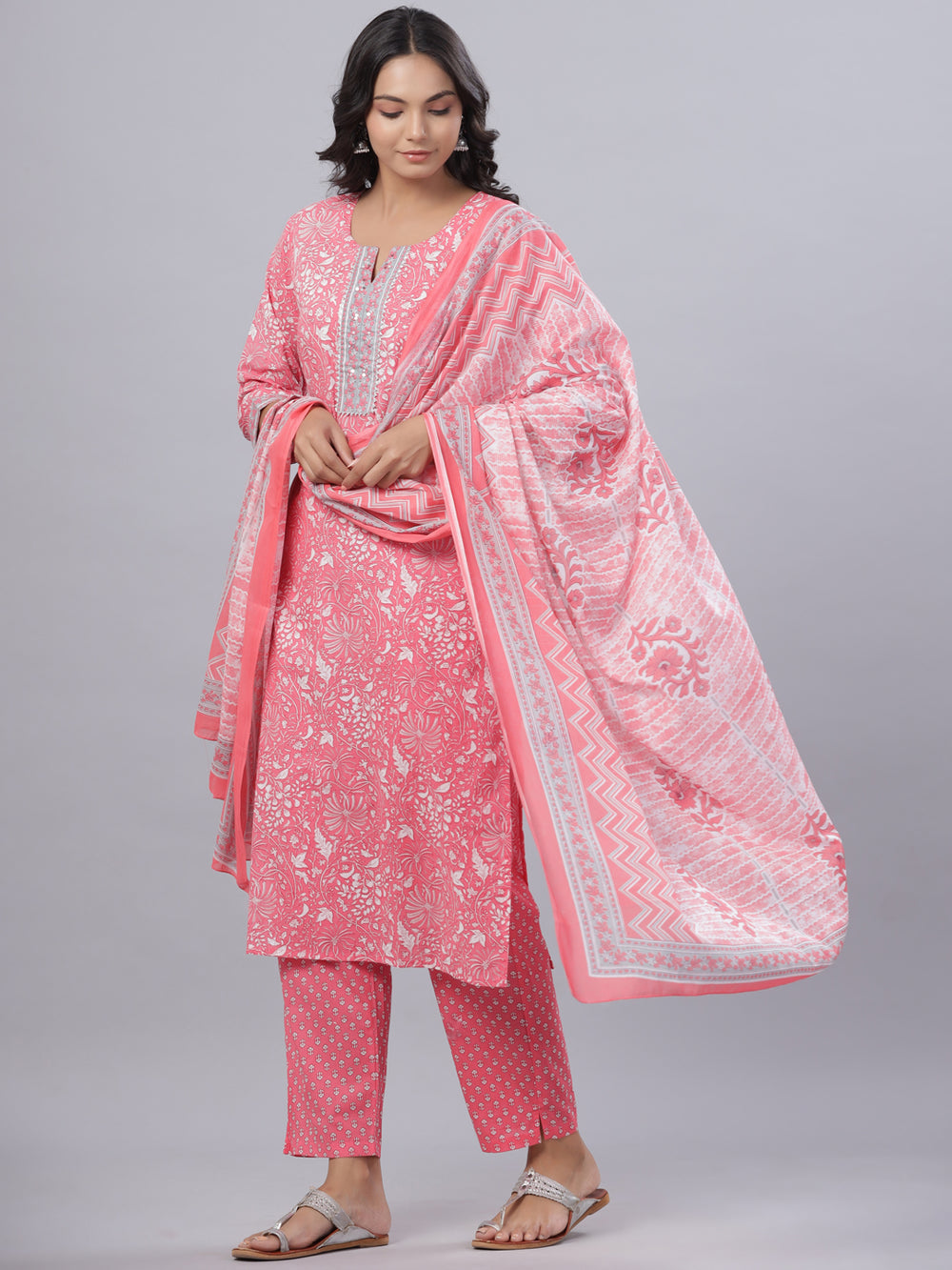 Juniper Women's Pink Cotton Printed Straight Kurta Pant Dupatta Set | Grocsy