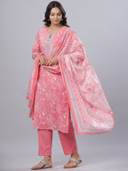 Juniper Women's Pink Cotton Printed Straight Kurta Pant Dupatta Set | Grocsy