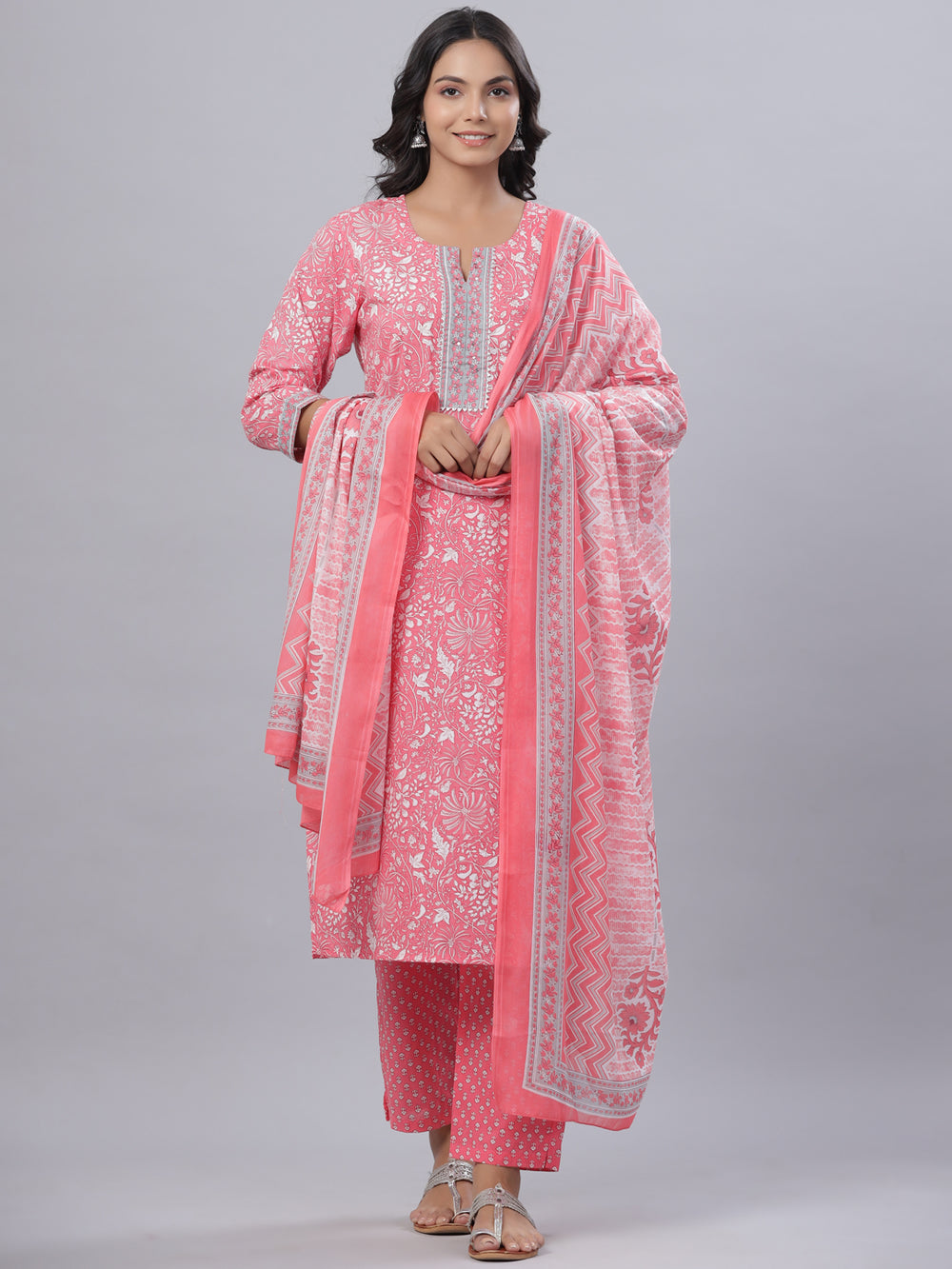 Juniper Women's Pink Cotton Printed Straight Kurta Pant Dupatta Set | Grocsy