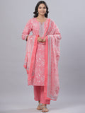 Juniper Women's Pink Cotton Printed Straight Kurta Pant Dupatta Set | Grocsy