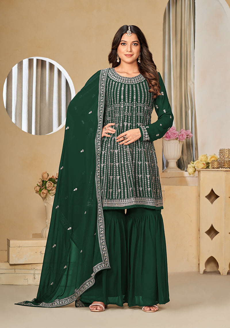 Monjolika Fashion Embroidered Green Faux Georgette Trendy Salwar Kameez | Grocsy