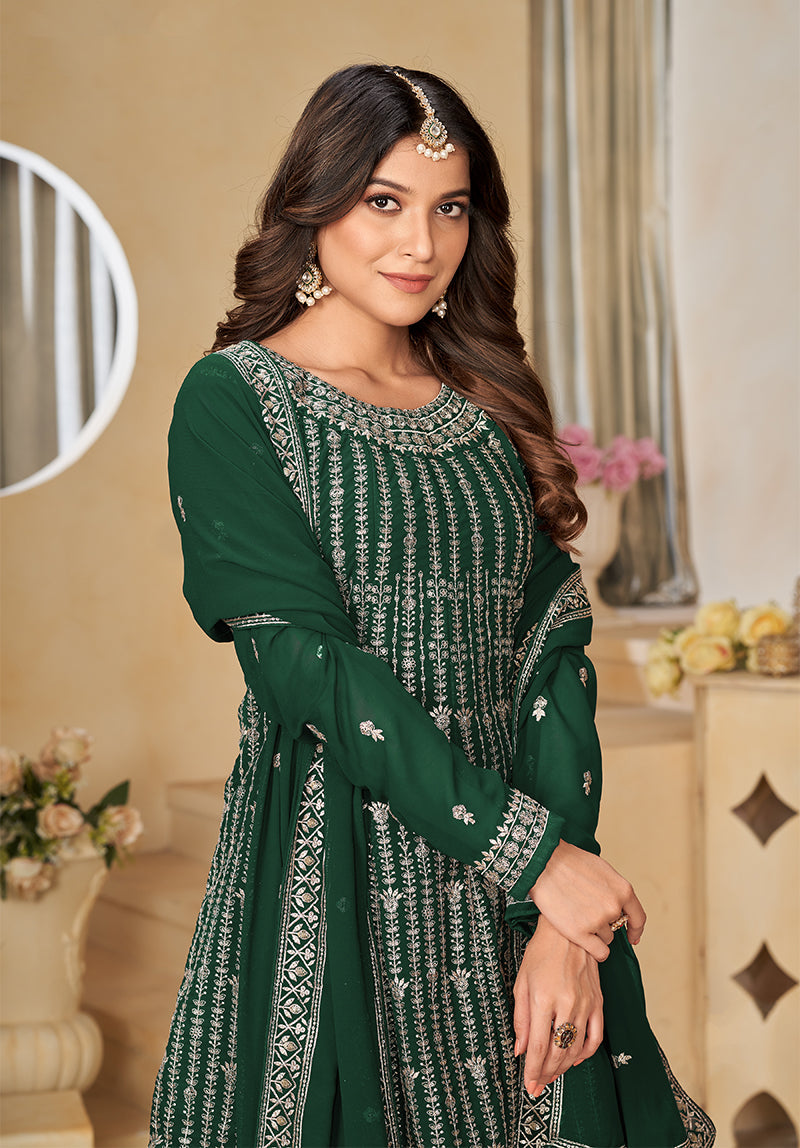 Monjolika Fashion Embroidered Green Faux Georgette Trendy Salwar Kameez | Grocsy