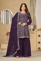 Monjolika Fashion Embroidered Purple Faux Georgette Trendy Salwar Kameez | Grocsy