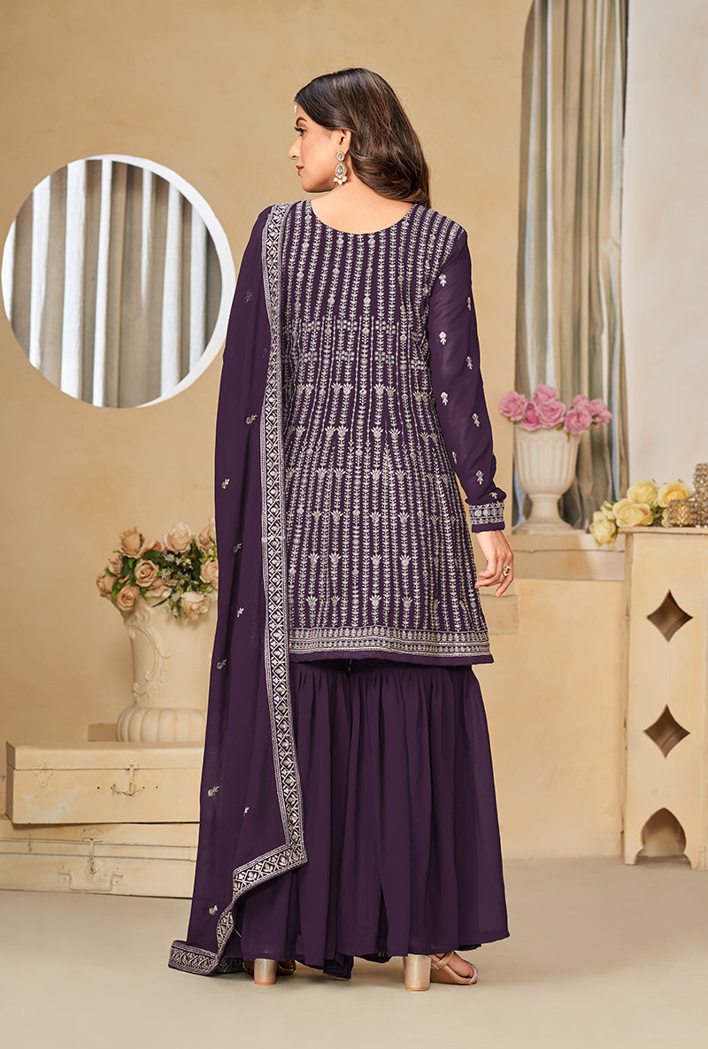 Monjolika Fashion Embroidered Purple Faux Georgette Trendy Salwar Kameez | Grocsy