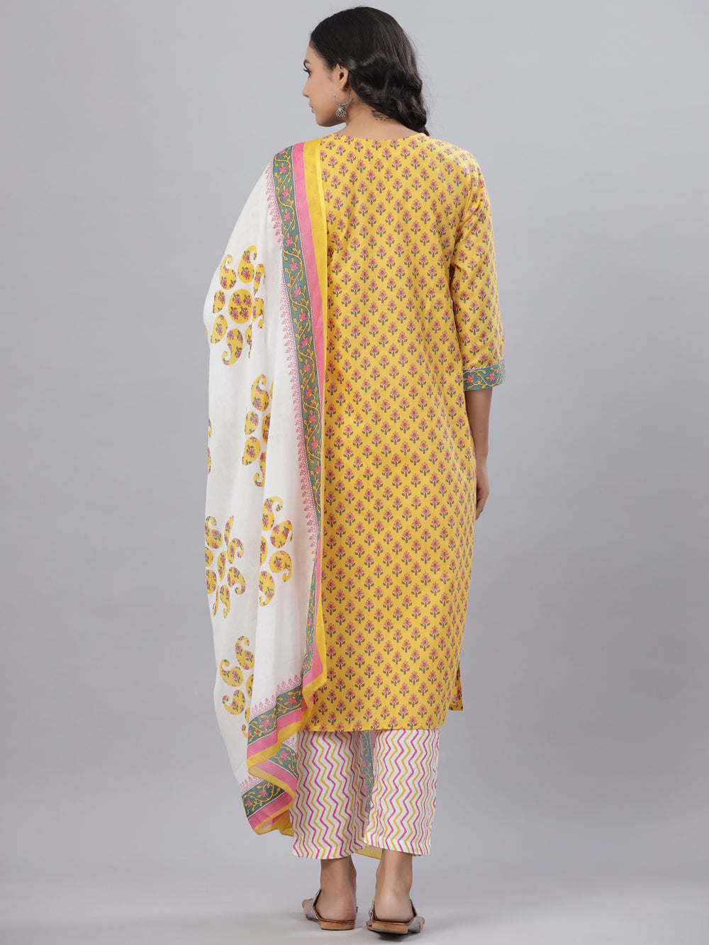Juniper Women's Cotton Printed Straight Yellow Kurta Pant Dupatta Set | Grocsy