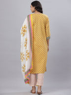 Juniper Women's Cotton Printed Straight Yellow Kurta Pant Dupatta Set | Grocsy