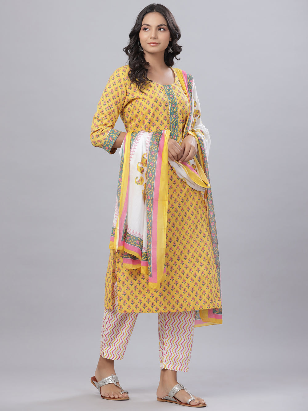 Juniper Women's Cotton Printed Straight Yellow Kurta Pant Dupatta Set | Grocsy