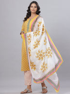 Juniper Women's Cotton Printed Straight Yellow Kurta Pant Dupatta Set | Grocsy