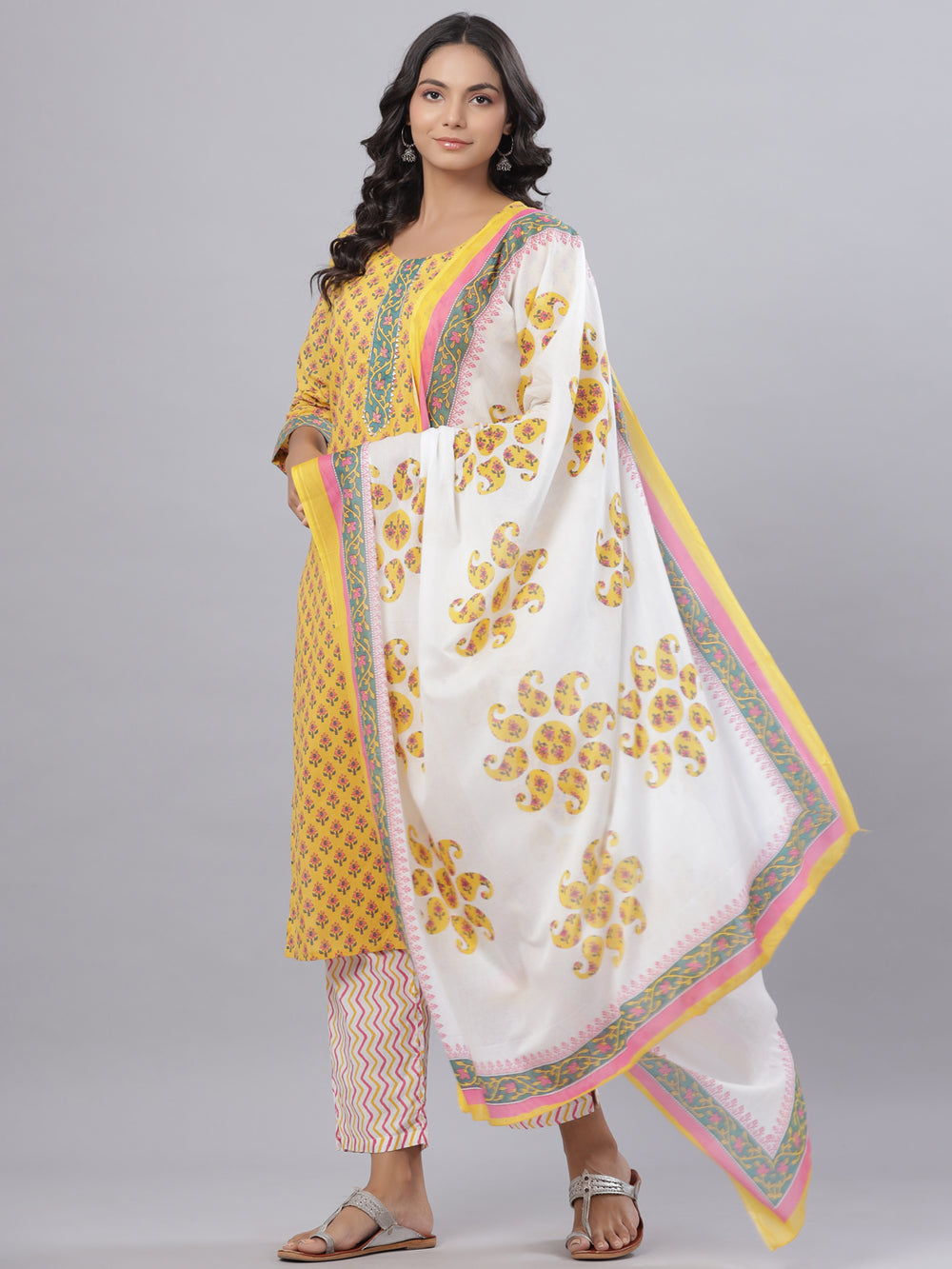 Juniper Women's Cotton Printed Straight Yellow Kurta Pant Dupatta Set | Grocsy