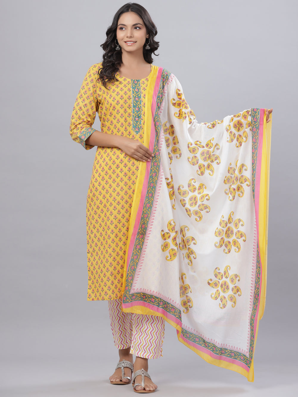 Juniper Women's Cotton Printed Straight Yellow Kurta Pant Dupatta Set | Grocsy