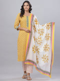 Juniper Women's Cotton Printed Straight Yellow Kurta Pant Dupatta Set | Grocsy