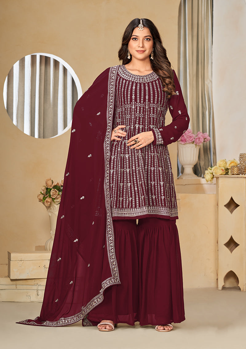 Monjolika Fashion Embroidered Maroon Faux Georgette Trendy Salwar Kameez | Grocsy