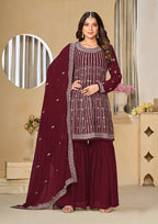 Monjolika Fashion Embroidered Maroon Faux Georgette Trendy Salwar Kameez | Grocsy