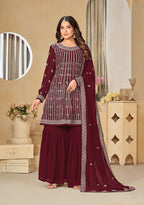 Monjolika Fashion Embroidered Maroon Faux Georgette Trendy Salwar Kameez | Grocsy