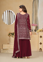 Monjolika Fashion Embroidered Maroon Faux Georgette Trendy Salwar Kameez | Grocsy