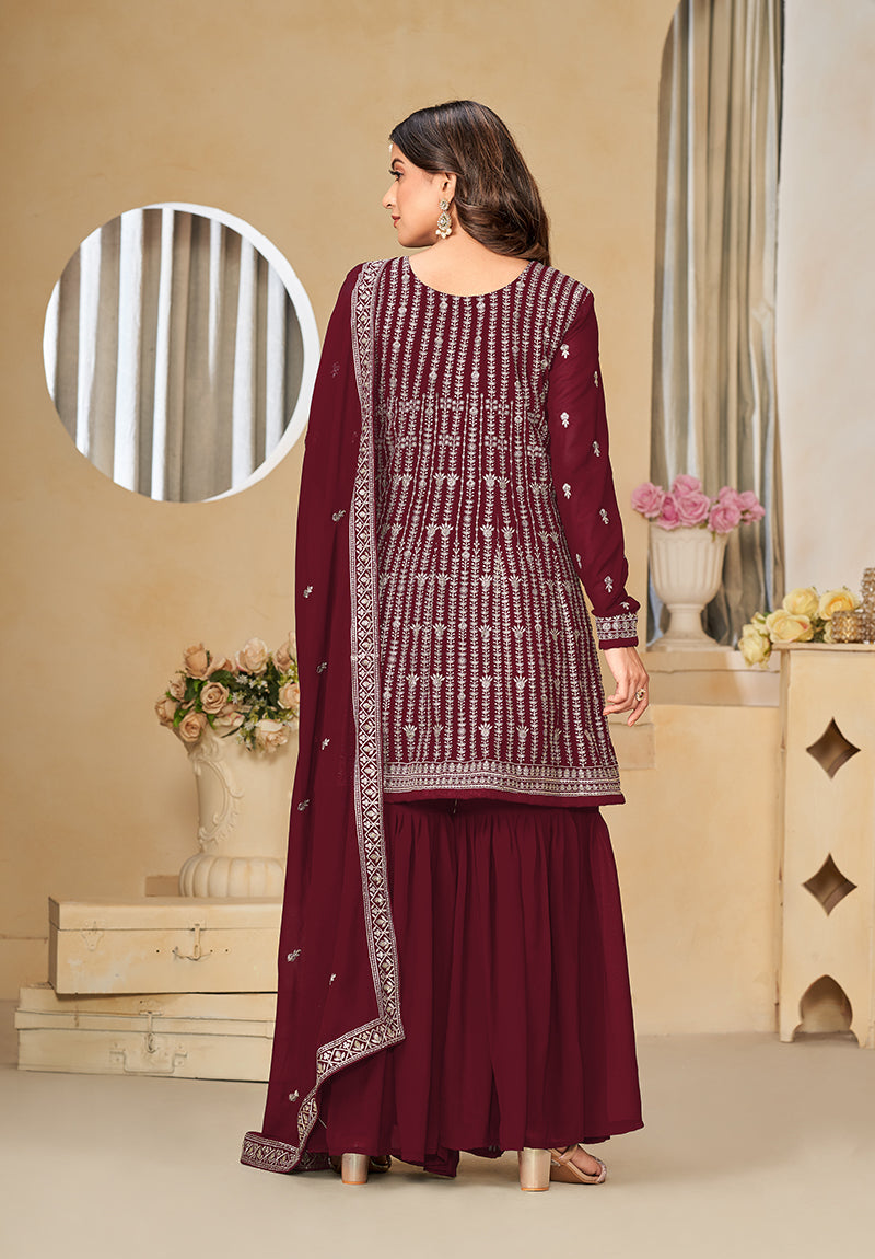 Monjolika Fashion Embroidered Maroon Faux Georgette Trendy Salwar Kameez | Grocsy