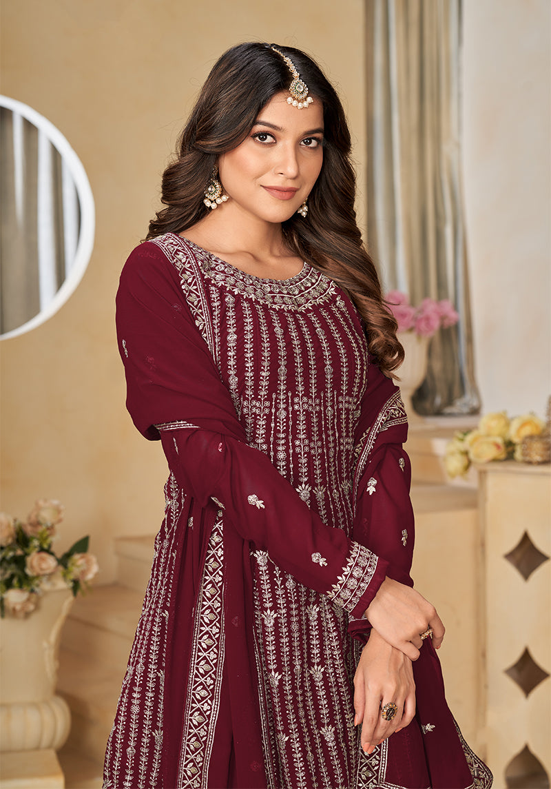 Monjolika Fashion Embroidered Maroon Faux Georgette Trendy Salwar Kameez | Grocsy