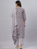 Juniper Women's Grey Color Cotton Printed Straight Kurta Pant Dupatta Set | Grocsy