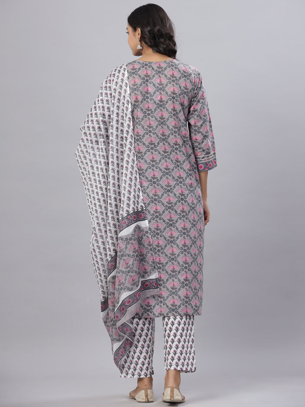 Juniper Women's Grey Color Cotton Printed Straight Kurta Pant Dupatta Set | Grocsy