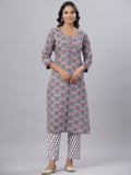 Juniper Women's Grey Color Cotton Printed Straight Kurta Pant Dupatta Set | Grocsy