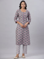 Juniper Women's Grey Color Cotton Printed Straight Kurta Pant Dupatta Set | Grocsy