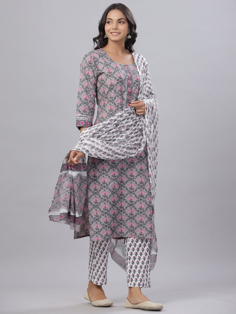 Juniper Women's Grey Color Cotton Printed Straight Kurta Pant Dupatta Set | Grocsy