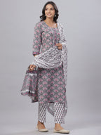 Juniper Women's Grey Color Cotton Printed Straight Kurta Pant Dupatta Set | Grocsy