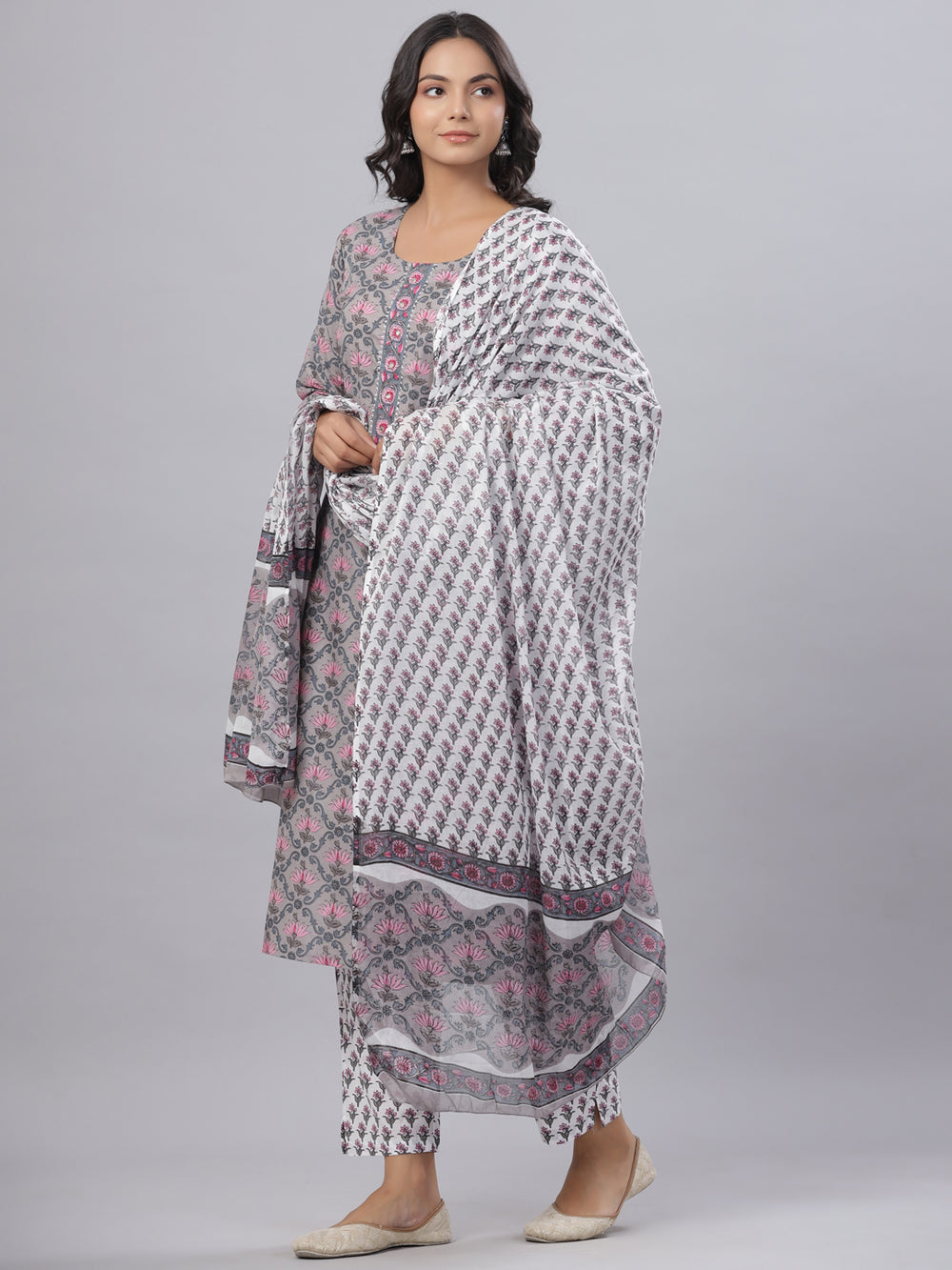 Juniper Women's Grey Color Cotton Printed Straight Kurta Pant Dupatta Set | Grocsy