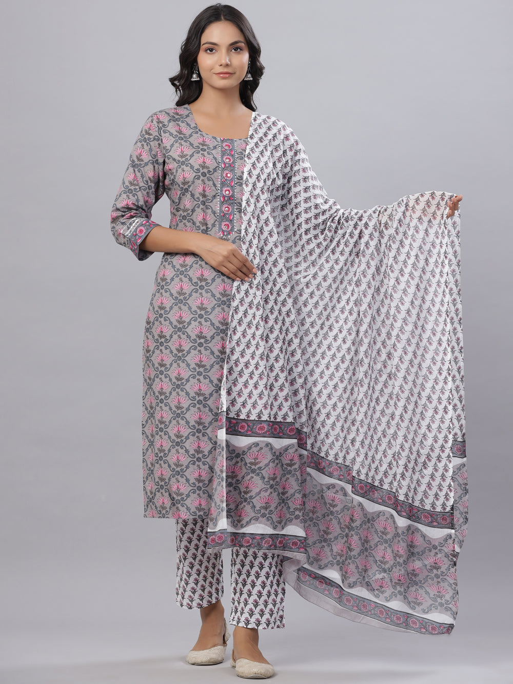 Juniper Women's Grey Color Cotton Printed Straight Kurta Pant Dupatta Set | Grocsy
