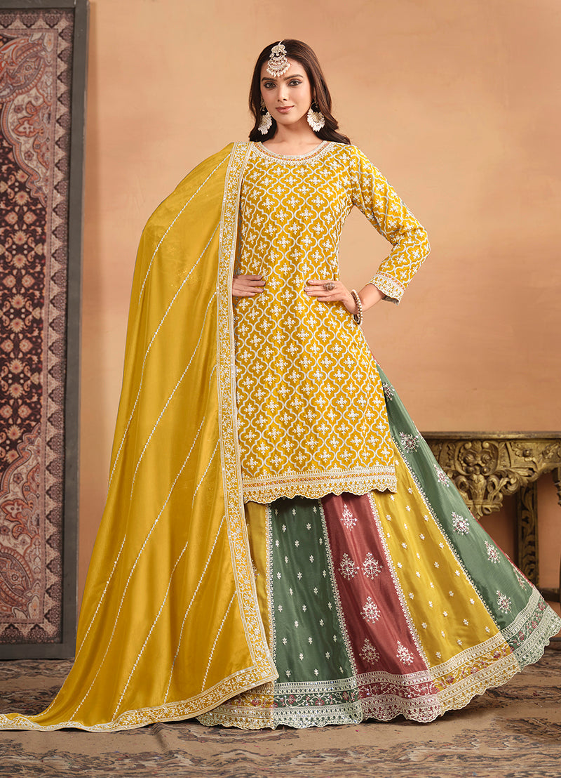 Monjolika Fashion Embroidered Chinon Silk Ethnic Lehenga In Mustard | Grocsy