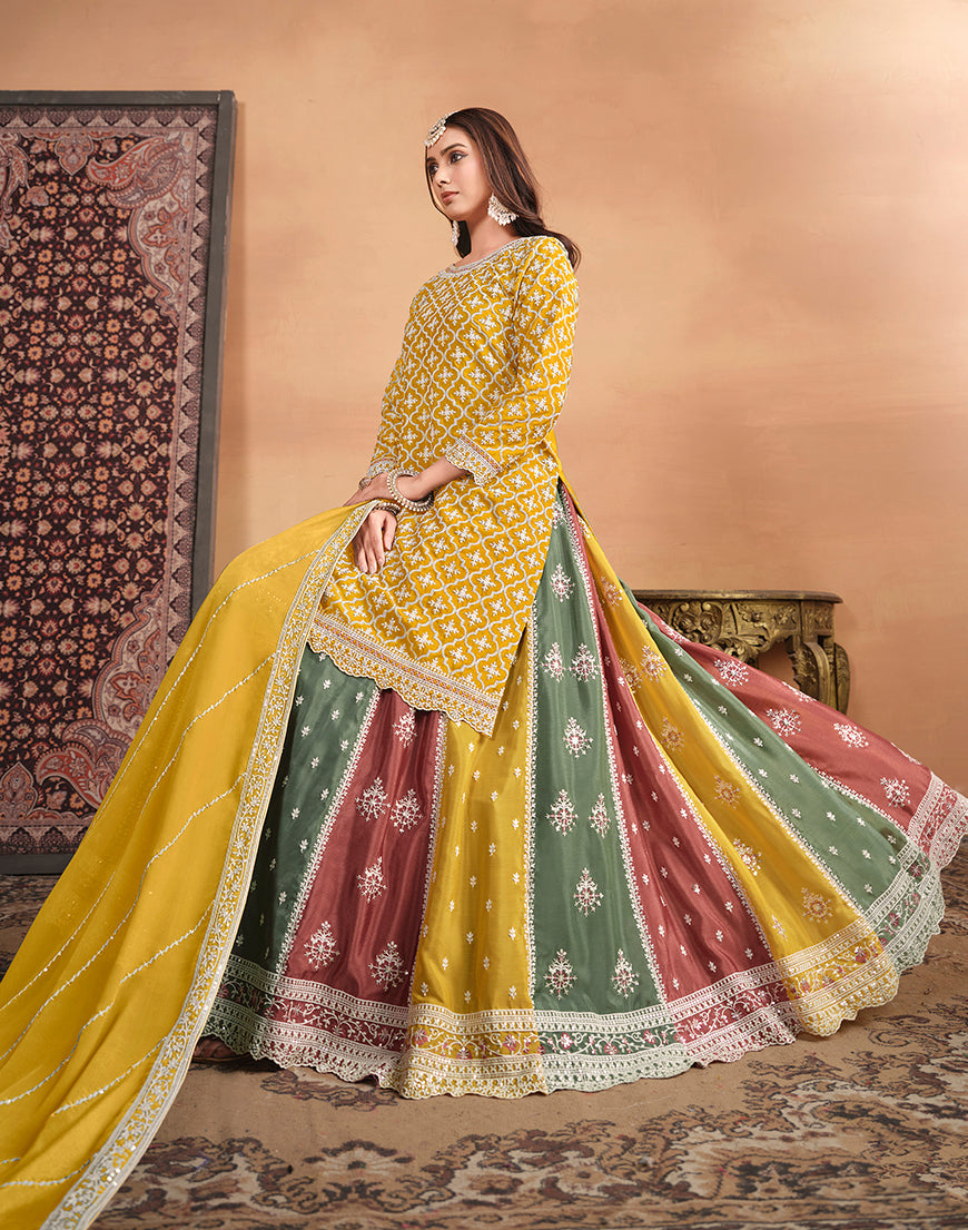 Monjolika Fashion Embroidered Chinon Silk Ethnic Lehenga In Mustard | Grocsy
