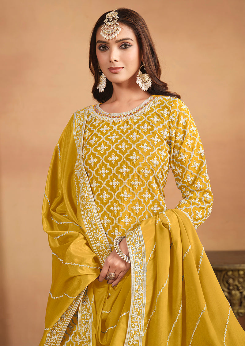 Monjolika Fashion Embroidered Chinon Silk Ethnic Lehenga In Mustard | Grocsy