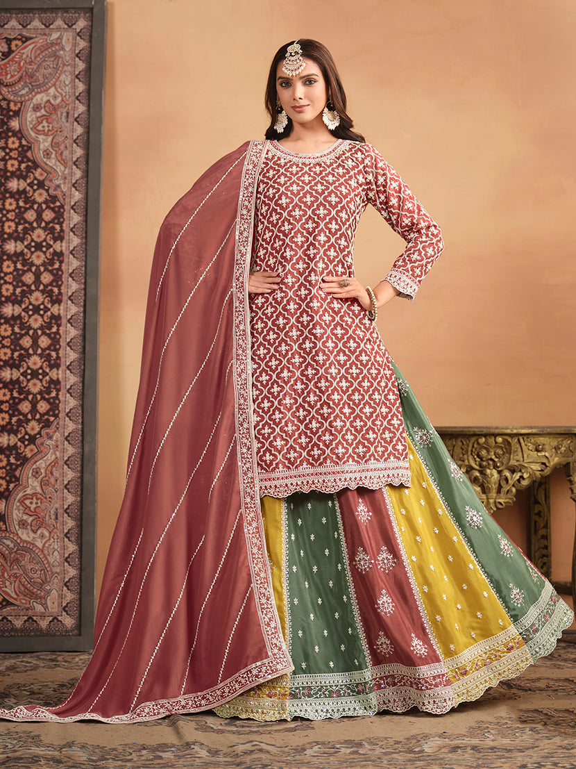 Monjolika Fashion Embroidered Chinon Silk Ethnic Lehenga In Rust Pink | Grocsy
