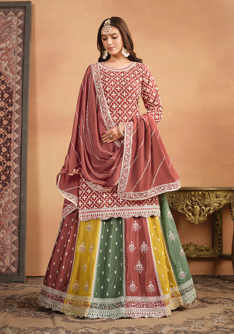 Monjolika Fashion Embroidered Chinon Silk Ethnic Lehenga In Rust Pink | Grocsy