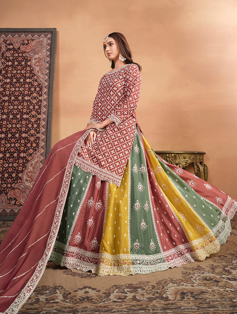Monjolika Fashion Embroidered Chinon Silk Ethnic Lehenga In Rust Pink | Grocsy